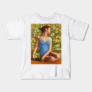 Dancer seated in front of peacock feathers Kids T-Shirt